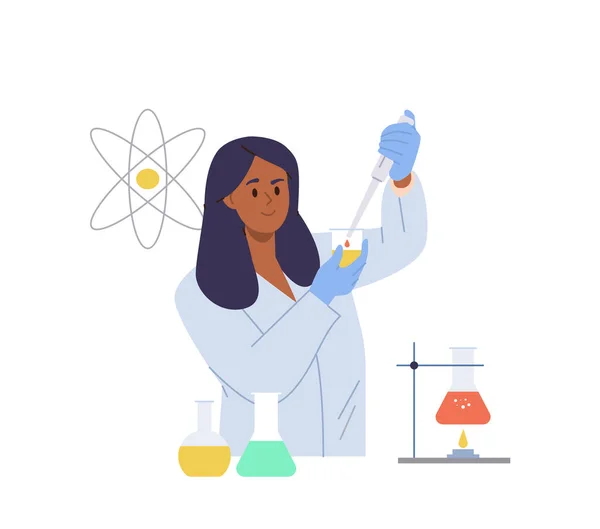 Молодая Женщина Инженер Химик Белом Медицинском Халате Проводит Химический Эксперимент — стоковый вектор