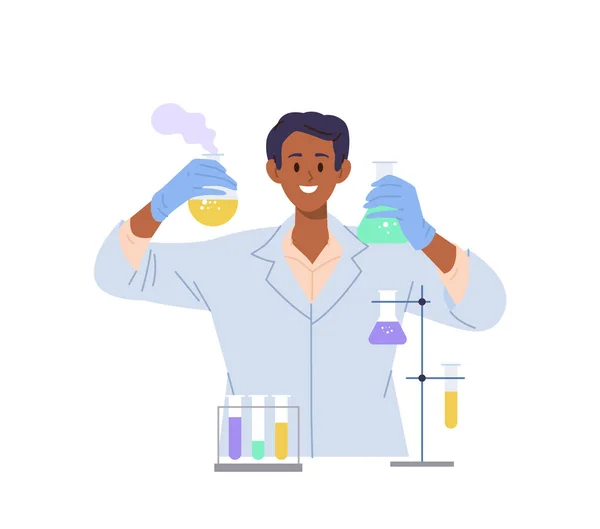 Junge Glücklich Lächelnde Laborangestellte Cartoon Forscherfigur Uniform Hält Chemiekolben Mit — Stockvektor