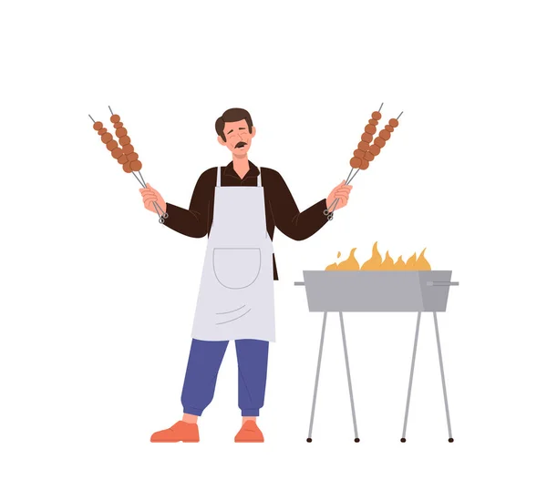 快乐微笑的成年男子卡通人物拿着用新鲜油炸烤肉做的烤烤烤烤炉矢量在白色背景孤立 户外野餐派对 — 图库矢量图片