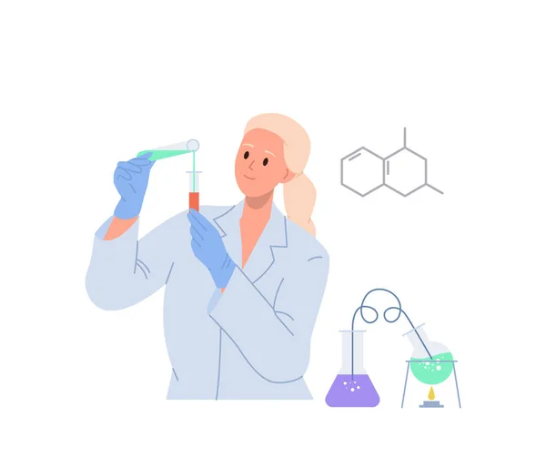 Junge Laborarbeiterin Charakter Die Chemische Forschung Wissenschaftslabor Mit Glaskolben Und — Stockvektor