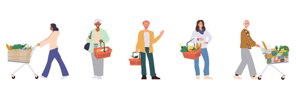 Set People Cartoon Buyer Characters Holding Shopping Basket Trolley Cart — Stock Vector