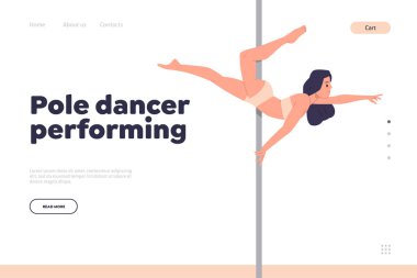 İniş sayfası için Polonyalı dansçı konsepti. Çizgi filmdeki güzel atlet kadın karakter pilon vektör çizimi üzerinde çalışıyor. Spor yarışması ve profesyonel eğlence reklamı