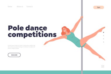 İniş sayfası tasarımı için kutup dansı yarışması. Poledansçılar için internet sitesi reklam sporları turnuvası. Sahne vektörü illüstrasyonunda profesyonel kadın jimnastikçi.