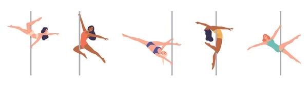 Conjunto Hermosa Mujer Delgada Flexible Pole Bailarina Personaje Dibujos Animados — Vector de stock