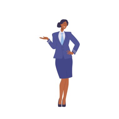 Hostes hostesler ya da hostes karakterler beyaz arka planda izole bir şekilde duruyorlar. Çizgi filmin vektör çizimi. Mavi üniformalı güzel gülümseyen havayolu çalışanı kadın karakter.