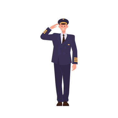 Profesyonel pilot komutanı uçak personeli beyaz arka planda tek başına duran üniformalı selam veren insanlar. Uçak mürettebatı çizgi film karakteri yolcu hizmetinin vektör çizimi