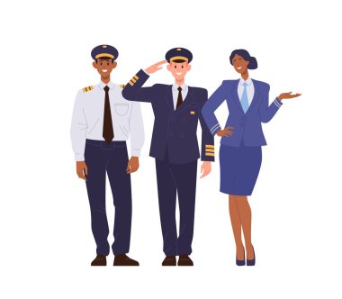 Yolcu uçağı mürettebatı karakteri, pilot komutanı, uçuş görevlisi, hostes uçak mürettebatı vektör çizimi. Çizgi filmdeki profesyonel havaalanı çalışanları. Uluslararası havacılık takımı servis kavramı