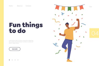 Ticari web sitesi için eğlenceli şeylerle dolu bir iniş sayfası parti kutlaması için bilgi sunuyor. Enerjik dans eden mutlu, dışavurumcu, pozitif adamın temsili çizimi