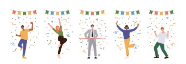 Bir grup mutlu erkek ve kadın çizgi film karakteri parti olayını, doğum gününü ya da büyük açılış törenini kutluyor. Konfeti yağmuru altında neşeli kadın ve erkeğin vektör çizimi