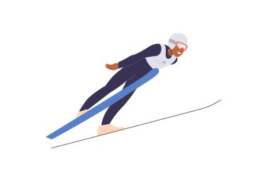Aktif yetişkin sporcu çizgi film karakteri gözlüklü ve tulumlu serbest stil bobsleigh ekstrem sporunun tadını çıkarıyor kayak merkezinde boş zamanı var, vektör çizimi beyaz arka planda izole edilmiş.