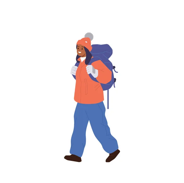 快乐的年轻女性卡通人物身穿冬装背着背包享受远足探险户外探险极端的运动和乐趣 白色背景下的病媒图解 — 图库矢量图片