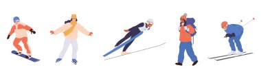 Bir grup mutlu insan çizgi film karakteri kış mevsimsel eğlence macerasının tadını çıkarıyor. Buz pateni, kayak, yürüyüş ve snowboard. Dağ kayak merkezindeki genç sporcunun vektör illüstrasyonu