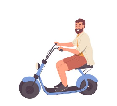 Gülümseyen hippi, beyaz arka planda izole edilmiş modern elektrikli motosiklet kullanıyor. Erkek motosikletçi çizgi film karakterinin vektör illüstrasyonu seyahat etmekten zevk alıyor.