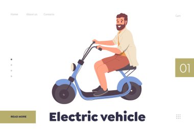 Elektrikli araç iniş sayfası şablonu. Mutlu hipster çizgi film karakteri scooter motosikletli vektör çizimi. Çevresel etkiyi azaltmak için çevre dostu şehir taşımacılığı
