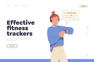 İniş sayfası tasarım şablonu etkin fitness izleyicileri ve akıllı izleme için farklı uygulama sunuyor. Kol saatinde sesli ortam oynatıcı ya da podcast akış uygulaması kullanan çizgi film genci karakteri