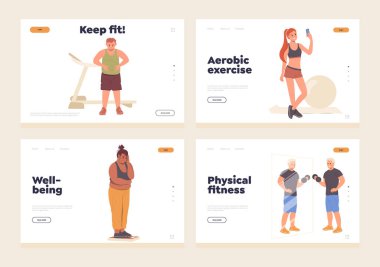 Çevrimiçi hizmet için izole bir iniş sayfası evde spor eğitimi ve uzak günlük fiziksel aktivite sağlıyor. Mutlu sporcular ve şişman obez karakterler vektör çizimi