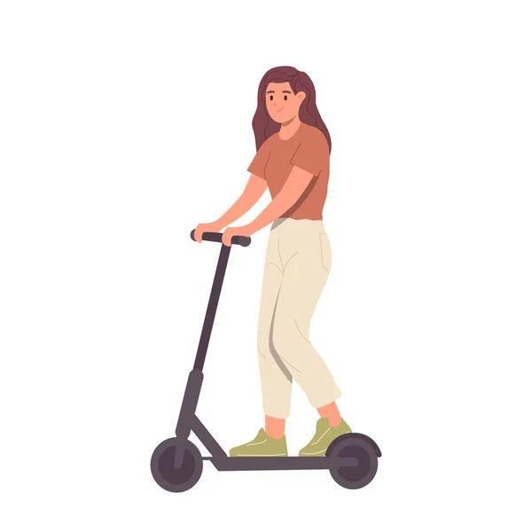Activo Hipster Joven Personaje Dibujos Animados Mujer Montar Scooter Patada — Archivo Imágenes Vectoriales