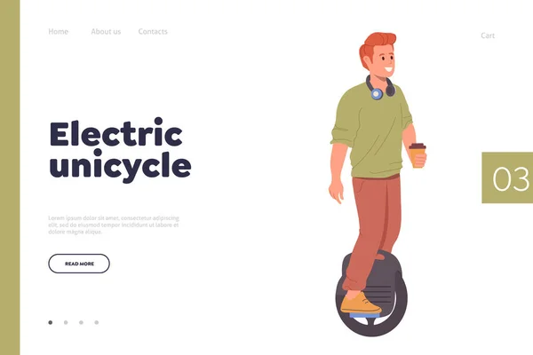 Elektrisk Enhjuling Landning Sida Design Mall Glad Tonåring Pojke Tecknad — Stock vektor