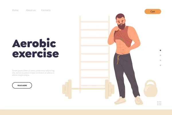 stock vector Aerobics exercise complex for male training at gym landing page design template online service. Cartoon sportsman athlete character proud of his abs muscles pumpering during sport workout activity