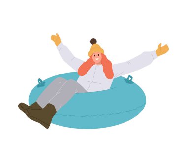 Beyaz arka planda izole edilmiş, şişme tüpe binen kışın giysili mutlu, genç kadın çizgi film karakteri. Mount Resort 'ta hafta sonu tatili sırasında aşırı kaygan eğlence zamanı