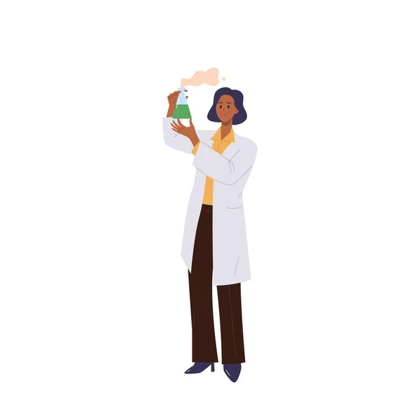 Жінка Хімік Шкільний Вчитель Мультиплікаційного Характеру Лабораторному Пальто Показує Досвід — стоковий вектор