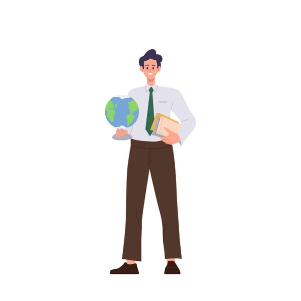 人物学老师卡通人物拿着地球仪 书本站在白色的背景上 为学校学生矢量图解提供地质学和环境研究的教育者 — 图库矢量图片