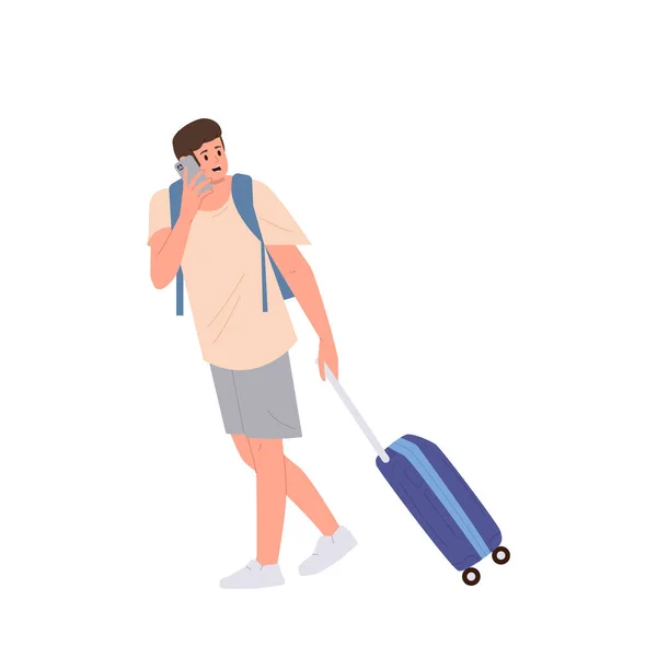 Besorgter Mann Reisender Cartoon Figur Mit Gepäcktasche Sprechen Handy Isoliert — Stockvektor