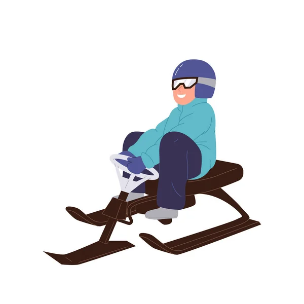 冬季户外活动和极限运动 年轻的微笑男子快乐的卡通人物在安全的户外和保护头盔骑雪地摩托车与方向盘隔离在白色的背景 — 图库矢量图片