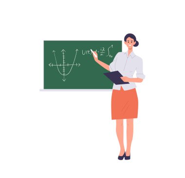 Kadın matematikçi kadın öğretmen karakteri, beyaz arka planda izole bir şekilde duran okul dersi sırasında tahtadaki matematik dersinden görevlerini açıklıyor. Eğiticinin vektör illüstrasyonu
