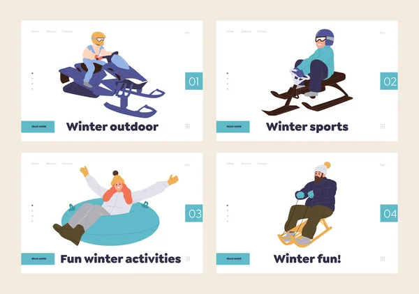 为成人和儿童提供滑雪胜地的欢乐时光 极端的体育娱乐活动和有趣的冬季户外活动的孤立登陆页面设计网页矢量图例模板 — 图库矢量图片