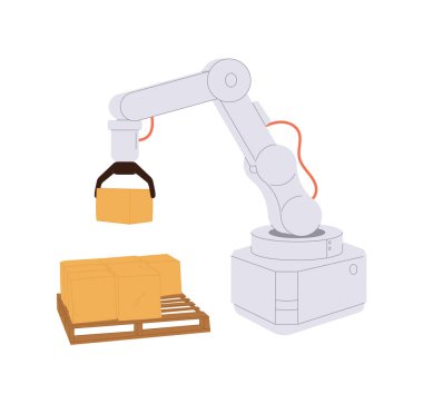Robot kol teknik aygıtı parsel vektör illüstrasyonunu yüklüyor. Karikatür mekanik el manipülatörü beyaz arka planda izole edilmiş. Depo otomasyonu, endüstriyel akıllı posta servisi.