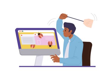 Beyaz arka planda izole edilmiş bilgisayar ekranında hata yakalayan çizgi film karakteri kalite güvencesi çalışanı. Hızlı incinebilirlik değerlendirmesi yapan yazılım güvenlik yöneticisinin vektör illüstrasyonu