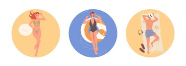 Havuzda yüzen ve kumsalda güneşlenen mutlu, gevşemiş erkek ve kadın turist karakteriyle izole edilmiş bir kompozisyon seti. Yaz tatili boyunca insanların vektör illüstrasyonu