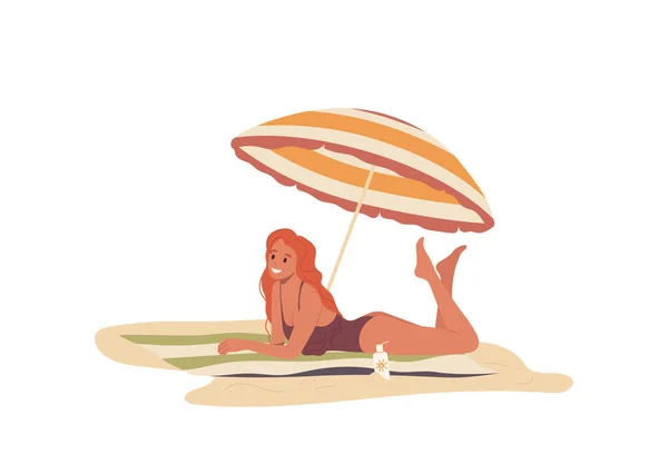 Junge Frau Modefigur Sonnenbaden Unter Sonnenschirm Entspannen Sommerstrand Des Tropischen — Stockvektor