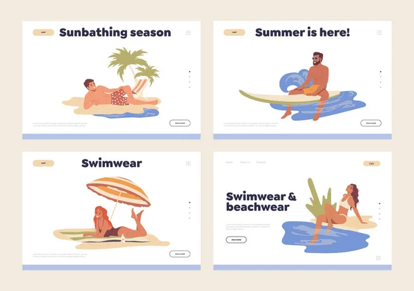 日光浴季节 泳衣夏季休憩及度假登陆页面隔离设置 网站模板设计与快乐的人 运动员 游客和旅行者一起享受周末度假 — 图库矢量图片
