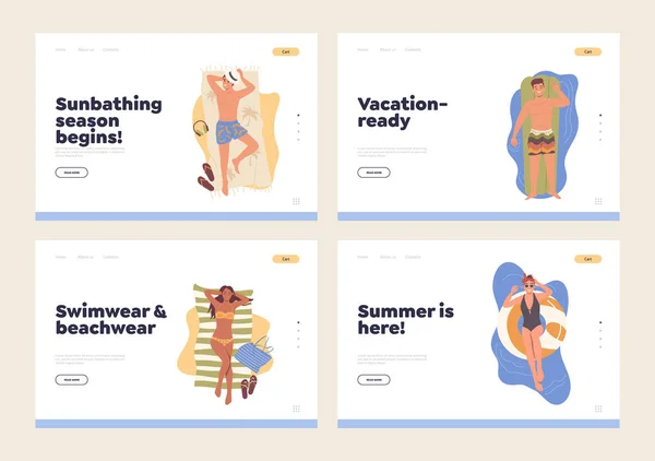 一套孤立的登陆页面设计模板 提供夏季休闲和休息的海滩度假胜地旅游或时尚泳衣销售 快乐的人日光浴卡通人物图解 — 图库矢量图片