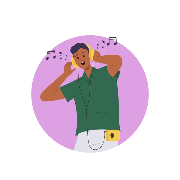 Hombre Alegre Personaje Dibujos Animados Con Auriculares Escuchando Música Bailando — Vector de stock