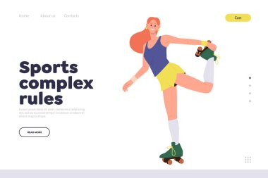 Spor kompleksi, çevrimiçi hizmet için iniş sayfası eğitim kursları ve dersler sunuyor. Genç kadın çizgi film karakteri paten sürerken numara yapan web sitesi tasarım şablonu