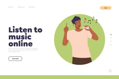 Dijital teknoloji web sitesi hizmeti için online müzik iniş sayfasını dinleyin. İnsanlara ücretsiz ses yayını sağlıyorlar. Mutlu adamın en sevdiği parçaların şarkı söylemesinin vektör çizimi