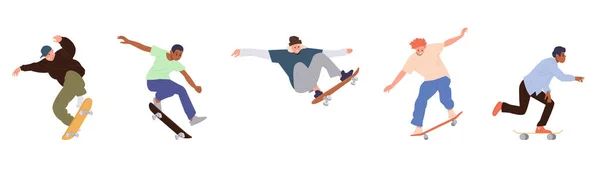 Izolowany Zestaw Młodych Nastolatków Skateboardzistów Skaczących Postaci Wykonujących Akrobacje Kaskaderskie — Wektor stockowy