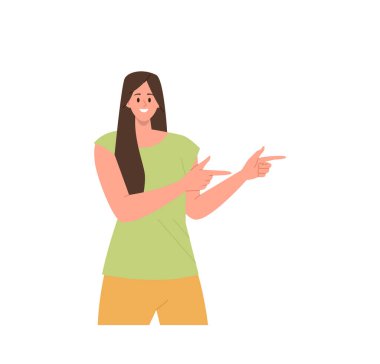 Heyecanlı genç kadın çizgi film karakteri iyi bir seçim yapıyor işaret parmağını kenara çekiyor reklamını yapıyor ya da en iyi ticari teklifi destekliyor beyaz arka plan çiziminde izole edilmiş bir şekilde duruyor.