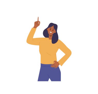 Mutlu gülümseyen genç kadın işaret parmağını yukarı kaldırarak beyaz arka planda izole bir şekilde duruyor. Danışmanlık yapan ve ilginç bir şey gösteren ya da fikir sahibi olan kadın temsilcisi.