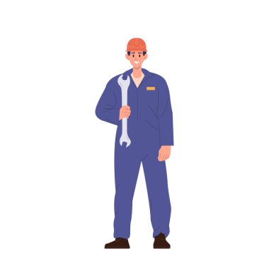 Makine mühendisi, denizcilik sektörü erkek işçi, gemi onarım servisi karakteri beyaz arka planda izole edilmiş. Denizaltı bakım ekibinden tamirci malzemelerinin vektör çizimi