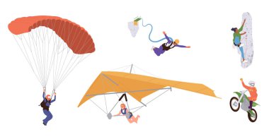 Dışarda izole edilmiş bir spor seti. Çizgi film karakterleri paraşüt ve yamaç paraşütü, serbest stil motosiklet sürme, ip ya da bungee jumping, beyaz zeminde kaya tırmanışı yapmaktan hoşlanırlar.