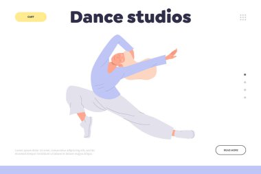 Dans stüdyosu çevrimiçi iniş sayfası tasarımı. Etkileyici kadın karakter dansçısı serbest stil akrobatik hareket vektör çizimi yapıyor. Eğitim sınıfı veya okul için web sitesi