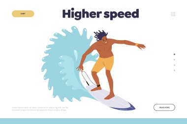 Sörf kulübü eğitimi ya da kursu için sörf tahtası iniş sayfasının şablonu daha hızlı. Extreme spor eğlence aktivitesi, yazlık tatil beldesi ve su sporları vektör ilüstrasyonu