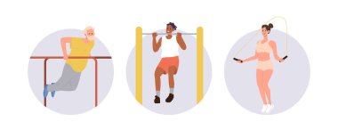 Farklı yaşlarda erkek ve kadın spordan zevk alıyor günlük aktiviteler, sağlıklı hobi izole seti. Esneklik, dayanıklılık ve dayanıklılığı artırmak için sokak, ev ya da spor salonu günlük idmanı