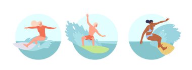 Su dalgalarında sörf yapmaktan hoşlanan mutlu sportif insanların oluşturduğu yuvarlak kompozisyon. Mayolu heyecanlı sörfçülerin sörf tahtasında duruşunun temsili çizimi. Tropikal Hawai yaşam tarzı