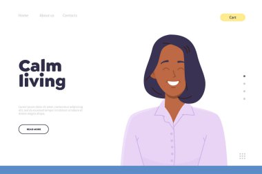 Huzurlu yaşam sayfası şablonu zihinsel sağlığı destekleyen online servis tasarımı. Mutlu gülümseyen kadın karakterinin duygusal ve sağlıklı yaşam tarzında dengesini gösteren vektör çizimi