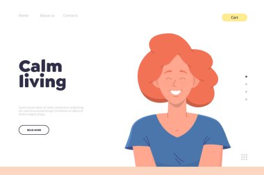Sakin yaşam fikri. İniş sayfası tasarım şablonu. Genç, mutlu, gülümseyen kızıl kadın çizgi film karakteri portresi. Vektör illüstrasyonu pozitif düşüncelere dikkat ve konsantrasyon sağlıyor